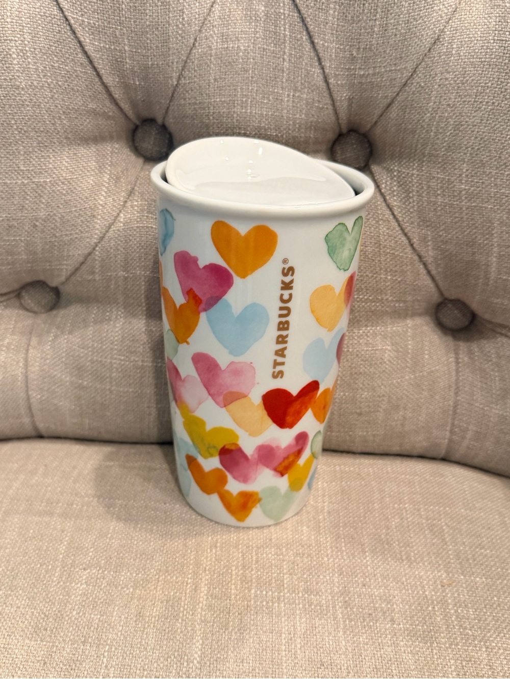 Starbucks White Ceramic Tumbler with Multicolor Watercolor Hearts